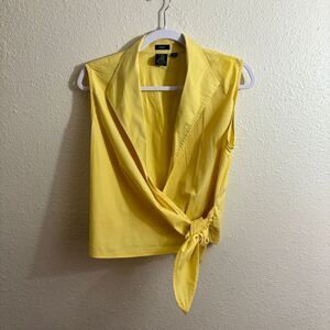 Vintage Yellow Wrap Crop Top with Collar – Size 14/M Sleeveless Retro